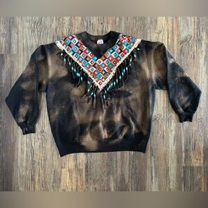 Vtg Jerzees Crewneck Sweatshirt Womens 2XL Aztec Black Bleach Dyed Beaded Fringe